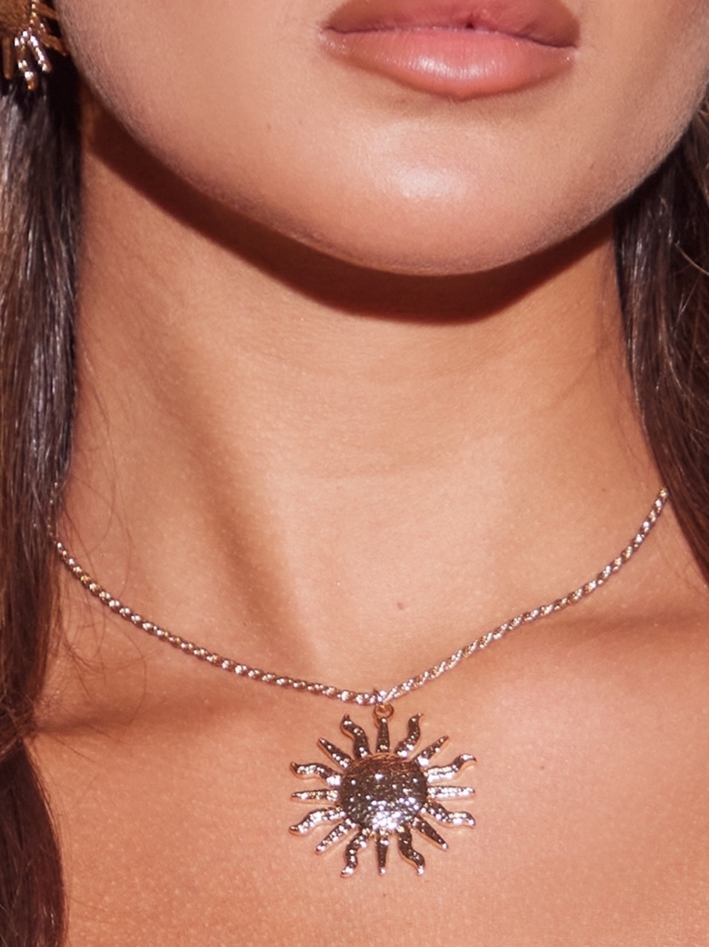Gold Sunburst Pendant Necklace and Earring Set - Women Jewelry